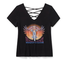 96631-25VW Women's Bling Sunset Ride Short Sleeve Laced Back Tee - Harley Black