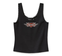 96773-25VW Women's Vintage Flames Bling Lace Trim Tank BLACK